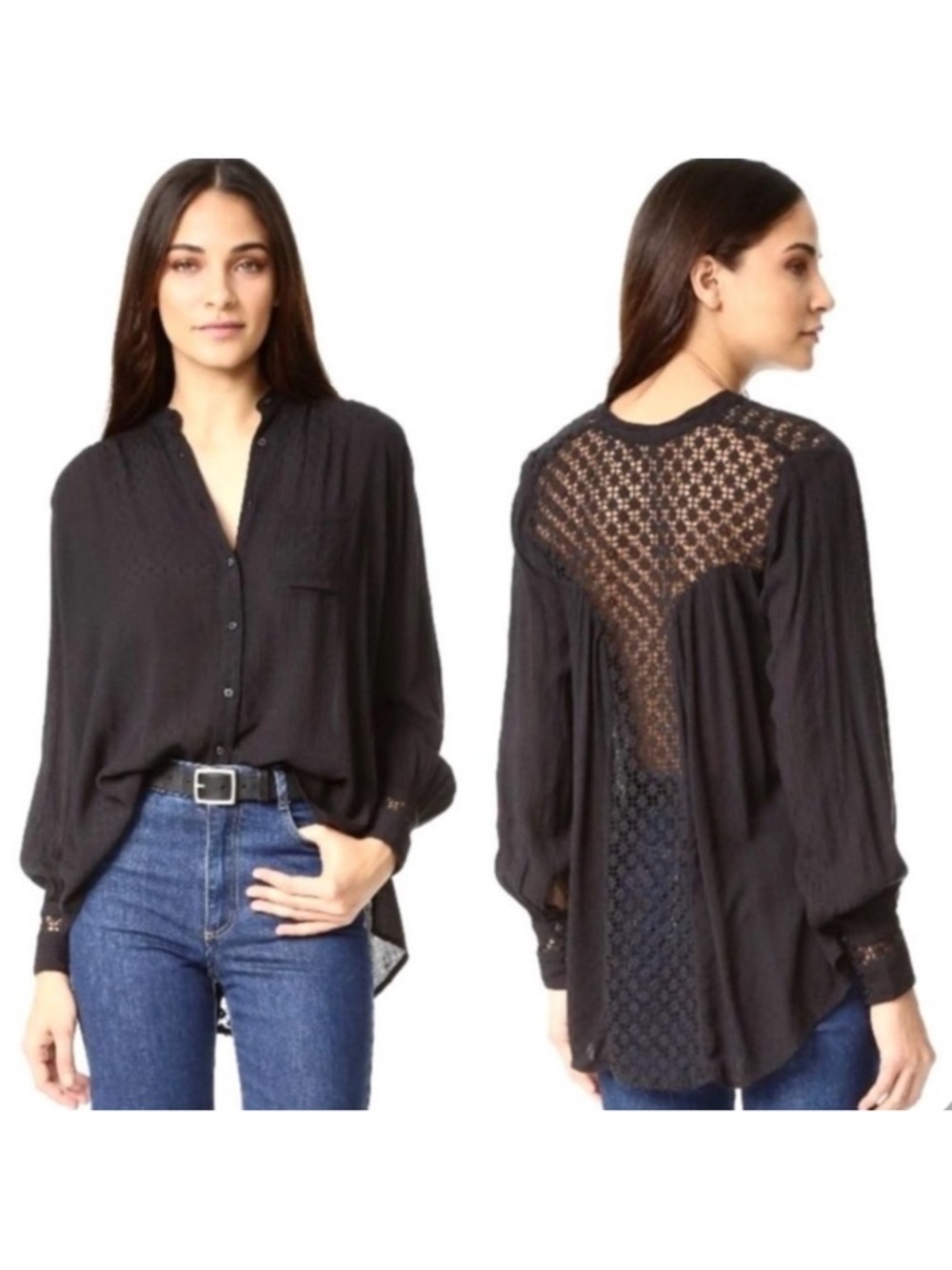 Free People tunic Top Women’s XS Semi Sheer Black Long Sleeve Blouse EE